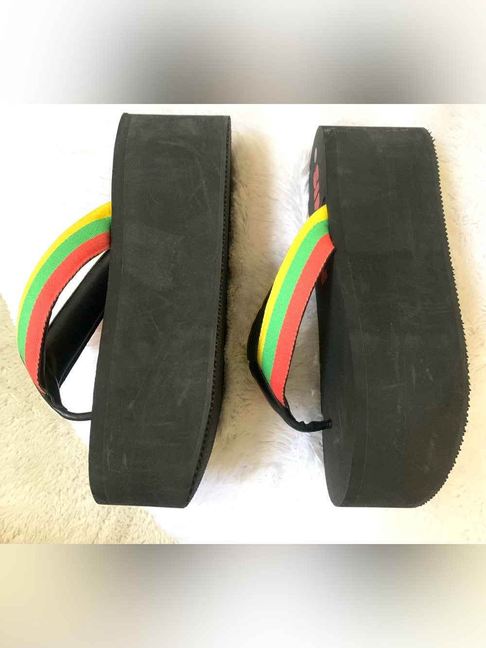 Simon Miller Black Platform Flip Flops with Yellow, Green, Red Straps - Picture 5 of 11